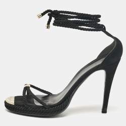 Pre Owned Gucci Black Suede and Woven Fabric Ankle Strap Sandals Size 41