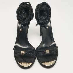 Pre Owned Gucci Black Suede and Woven Fabric Ankle Strap Sandals Size 41