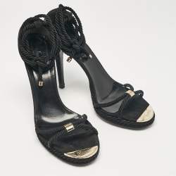 Pre Owned Gucci Black Suede and Woven Fabric Ankle Strap Sandals Size 41