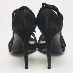 Pre Owned Gucci Black Suede and Woven Fabric Ankle Strap Sandals Size 41