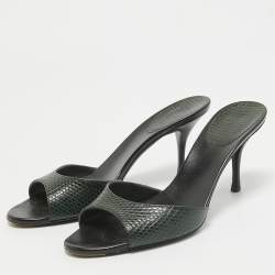 Gucci Dark Green Embossed Lizard Slide Sandals Size 35.5