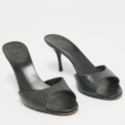 Gucci Dark Green Embossed Lizard Slide Sandals Size 35.5