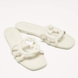 Pre Owned Gucci Light Grey Rubber Interlocking G Flat Slides Size 40