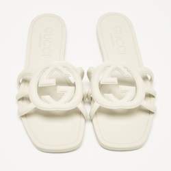 Pre Owned Gucci Light Grey Rubber Interlocking G Flat Slides Size 40