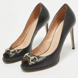 Gucci Black Leather Hollywood Peep Toe Pumps Size 38.5