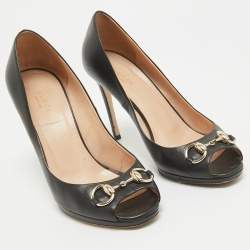 Gucci Black Leather Hollywood Peep Toe Pumps Size 38.5