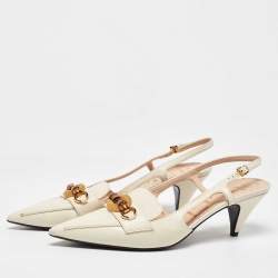 Pre Owned Gucci Off White Leather Horsebit Bamboo Slingback Mule Sandals Size 38.5