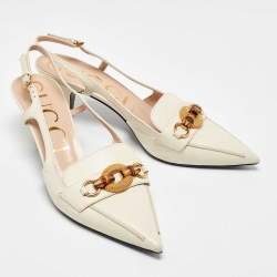 Pre Owned Gucci Off White Leather Horsebit Bamboo Slingback Mule Sandals Size 38.5