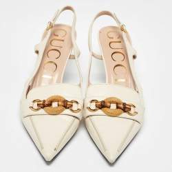 Pre Owned Gucci Off White Leather Horsebit Bamboo Slingback Mule Sandals Size 38.5