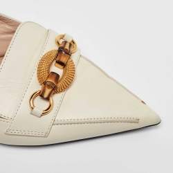 Pre Owned Gucci Off White Leather Horsebit Bamboo Slingback Mule Sandals Size 38.5