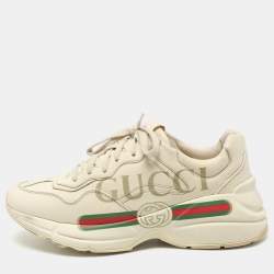 Pre Owned Gucci Cream Leather Rhyton Logo Low Top Sneakers Size 38