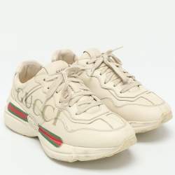Pre Owned Gucci Cream Leather Rhyton Logo Low Top Sneakers Size 38