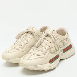Pre Owned Gucci Cream Leather Rhyton Logo Low Top Sneakers Size 38