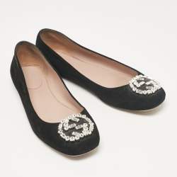 مملوكة مسبقًا Gucci Black Suede Crystal Embellished Interlocking G Ballet Flats Size 39