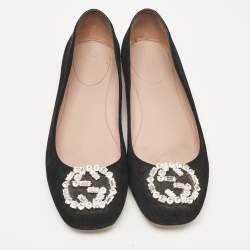 مملوكة مسبقًا Gucci Black Suede Crystal Embellished Interlocking G Ballet Flats Size 39