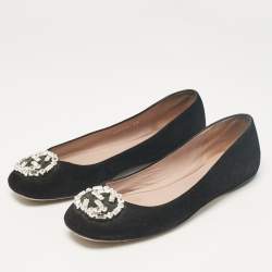 مملوكة مسبقًا Gucci Black Suede Crystal Embellished Interlocking G Ballet Flats Size 39