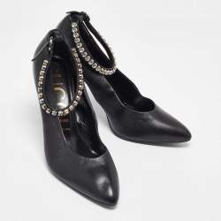 Pre Owned Gucci Black Leather Crystal Embellished Ankle Strap Pumps Size 40