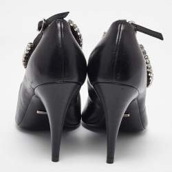 Pre Owned Gucci Black Leather Crystal Embellished Ankle Strap Pumps Size 40