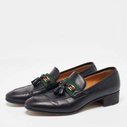 Pre Owned Gucci Black Leather Web GG Detailed Tassel Loafers Size 39