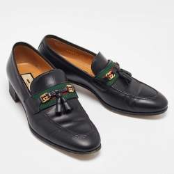 Pre Owned Gucci Black Leather Web GG Detailed Tassel Loafers Size 39
