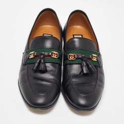 Pre Owned Gucci Black Leather Web GG Detailed Tassel Loafers Size 39