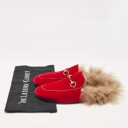 Pre Owned Gucci Red Fur and Velvet Princetown Horsebit Flat Mules Size 38.5