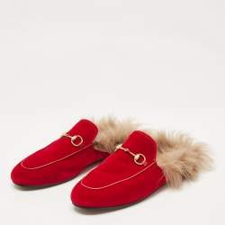Pre Owned Gucci Red Fur and Velvet Princetown Horsebit Flat Mules Size 38.5