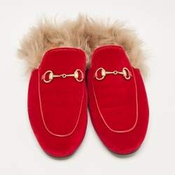 Pre Owned Gucci Red Fur and Velvet Princetown Horsebit Flat Mules Size 38.5