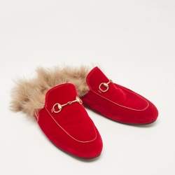 Pre Owned Gucci Red Fur and Velvet Princetown Horsebit Flat Mules Size 38.5