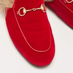 Pre Owned Gucci Red Fur and Velvet Princetown Horsebit Flat Mules Size 38.5
