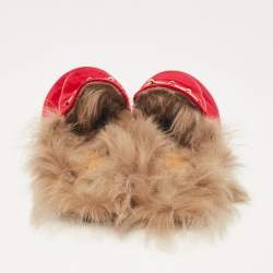 Pre Owned Gucci Red Fur and Velvet Princetown Horsebit Flat Mules Size 38.5