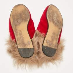 Pre Owned Gucci Red Fur and Velvet Princetown Horsebit Flat Mules Size 38.5