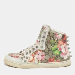 Gucci White Floral Print Canvas and Leather High Top Sneakers Size 40