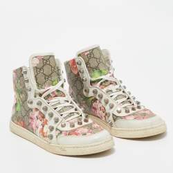 Gucci White Floral Print Canvas and Leather High Top Sneakers Size 40