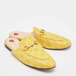Pre Owned Gucci Yellow GG Fabric Princetown Flat Mules Size 39.5