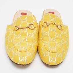 Pre Owned Gucci Yellow GG Fabric Princetown Flat Mules Size 39.5