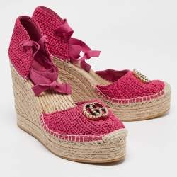 Gucci Pink Knit Fabric GG Marmont Wedge Sandals Size 40