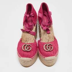Gucci Pink Knit Fabric GG Marmont Wedge Sandals Size 40