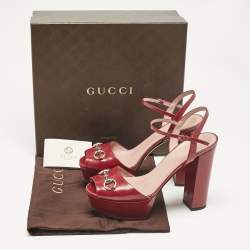 Gucci Burgundy Leather Horsebit Platform Ankle Strap Sandals Size 40