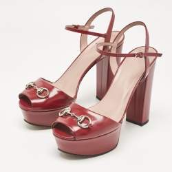 Gucci Burgundy Leather Horsebit Platform Ankle Strap Sandals Size 40