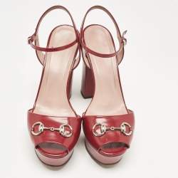 Gucci Burgundy Leather Horsebit Platform Ankle Strap Sandals Size 40