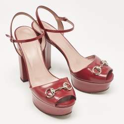 Gucci Burgundy Leather Horsebit Platform Ankle Strap Sandals Size 40