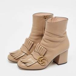 Pre Owned Gucci Brown Leather GG Marmont Fringe Ankle Boots Size 37.5