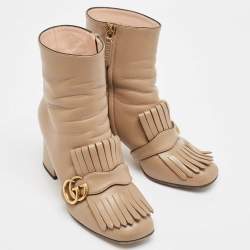 Pre Owned Gucci Brown Leather GG Marmont Fringe Ankle Boots Size 37.5