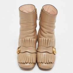 Pre Owned Gucci Brown Leather GG Marmont Fringe Ankle Boots Size 37.5