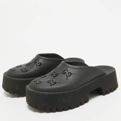 Pre Owned Gucci Black Perforated GG Rubber Platform Mules Size 37