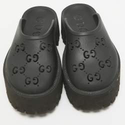 Pre Owned Gucci Black Perforated GG Rubber Platform Mules Size 37