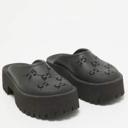 Pre Owned Gucci Black Perforated GG Rubber Platform Mules Size 37