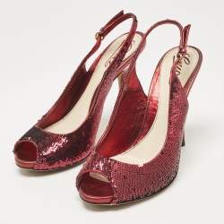 Gucci Burgundy Sequins and Leather Peep Toe Pumps Size 37.5