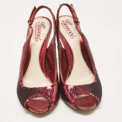 Gucci Burgundy Sequins and Leather Peep Toe Pumps Size 37.5